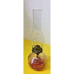 Vintage Clear Glass Globe  Oil Lamp Geometric Block Design Base  Kaadan Ltd